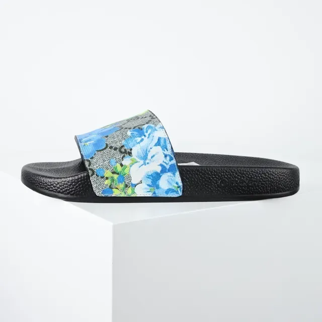 Gucci Screener Sandales Glissantes Floral Bleu GG Peau de Serpent 9