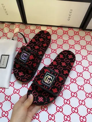 Gucci Screener Monogram-Print Black and Red Slide Slippers 2