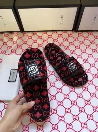 Gucci Screener Monogram-Print Black and Red Slide Slippers 4
