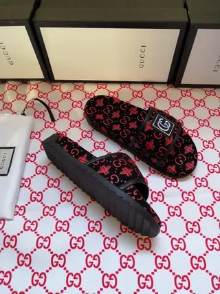 Gucci Screener Monogram-Print Black and Red Slide Slippers 5