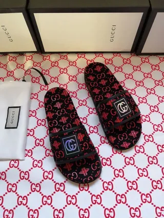 Gucci Screener Monogram-Print Black and Red Slide Slippers 8