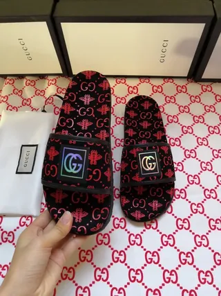 Gucci Screener Monogram-Print Black and Red Slide Slippers 9