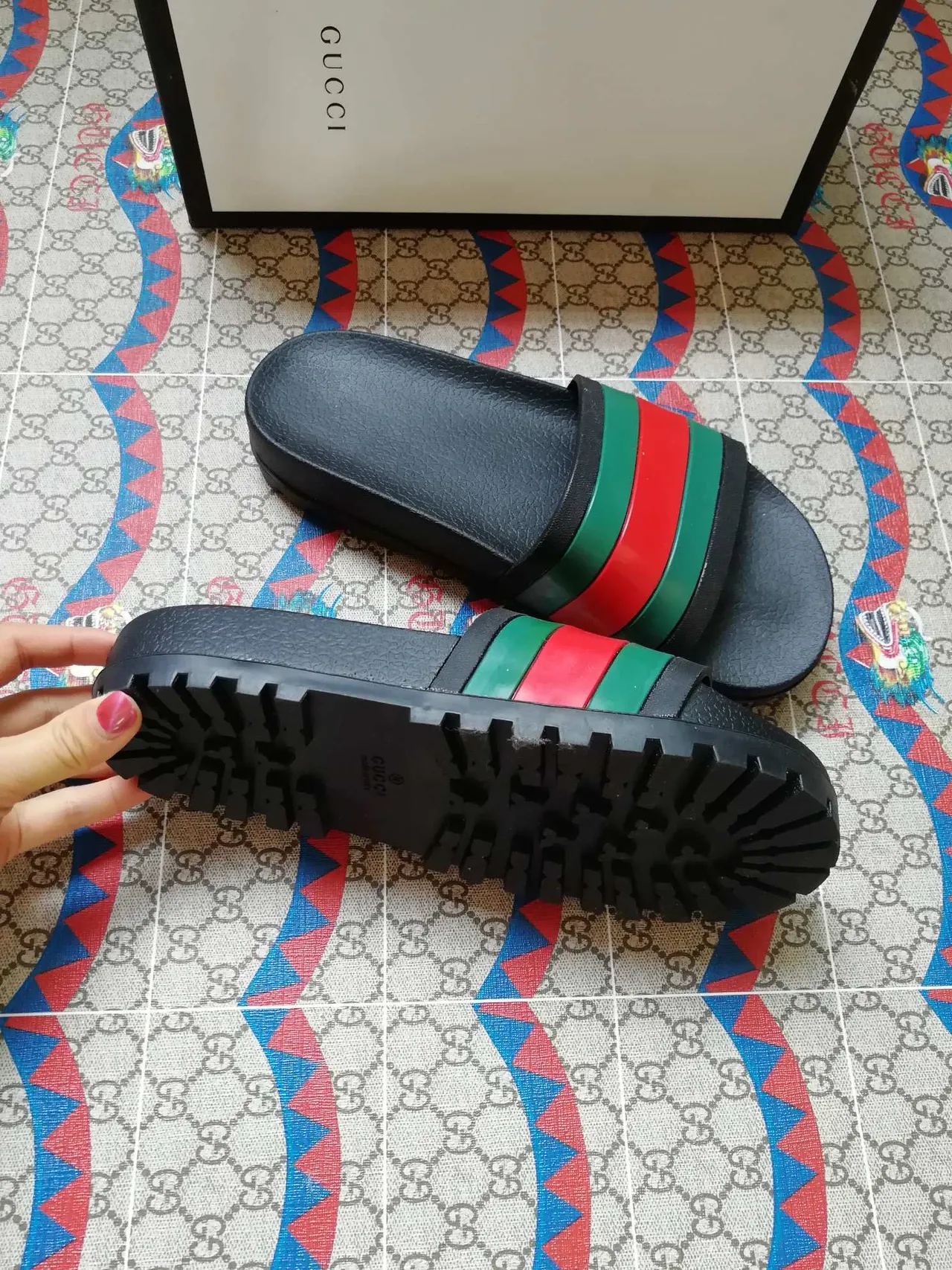Gucci Screener Slide Black Green Red Web Stripe Slippers 3