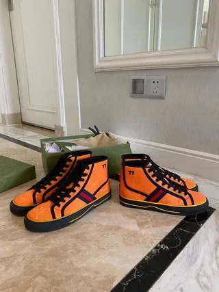 Gucci Screener-Style Orange Web Stripe High-Top Lifestyle Sneakers 4