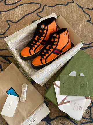 Gucci Screener-Style Orange Web Stripe High-Top Lifestyle Sneakers 6
