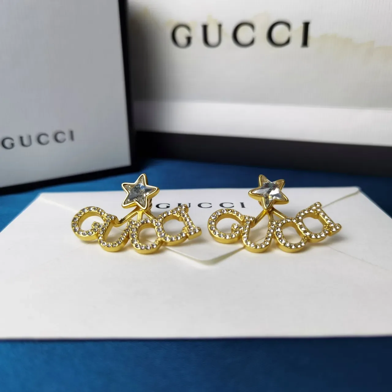 Gucci Script Logo Star Charm Crystal-Pavé Earrings 6