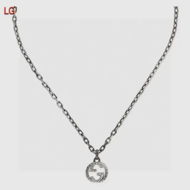 Gucci Silver Black Chain Circular Double G Pendant Necklace 5