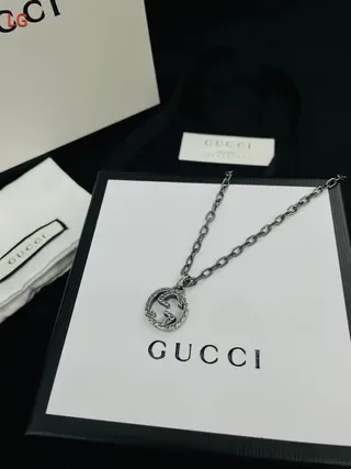 Gucci Silver Black Chain Circular Double G Pendant Necklace 7
