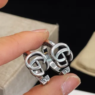 Gucci Silver Black Interlocking Double G Motif Polished Metal Ring