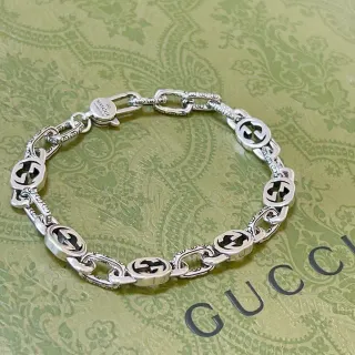 Gucci Silver Black Interlocking G Motif Ornate Link Chain Bracelet