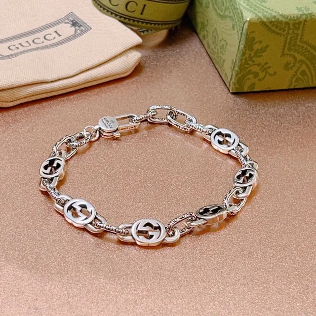 Gucci Silver Black Interlocking G Motif Ornate Link Chain Bracelet 4
