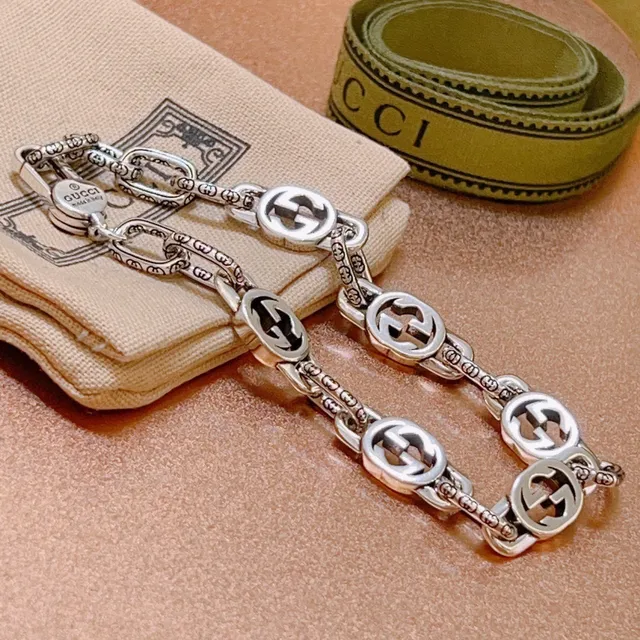 Gucci Silver Black Interlocking G Motif Ornate Link Chain Bracelet 6