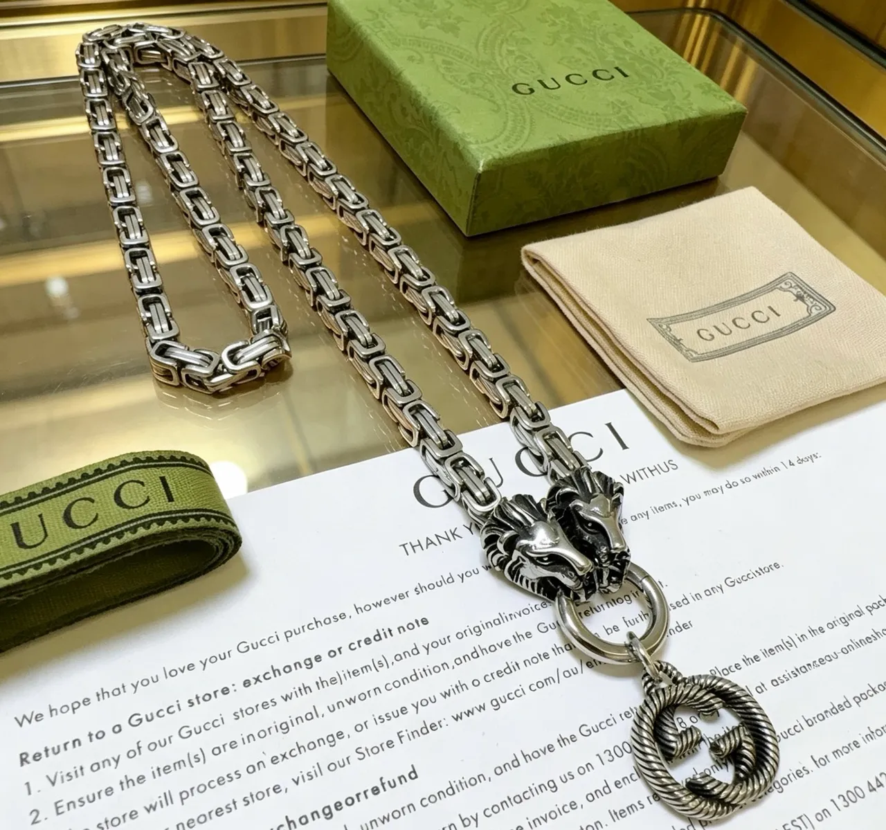 Gucci Silver Black Metal Lion-Head Terminals Necklace 2