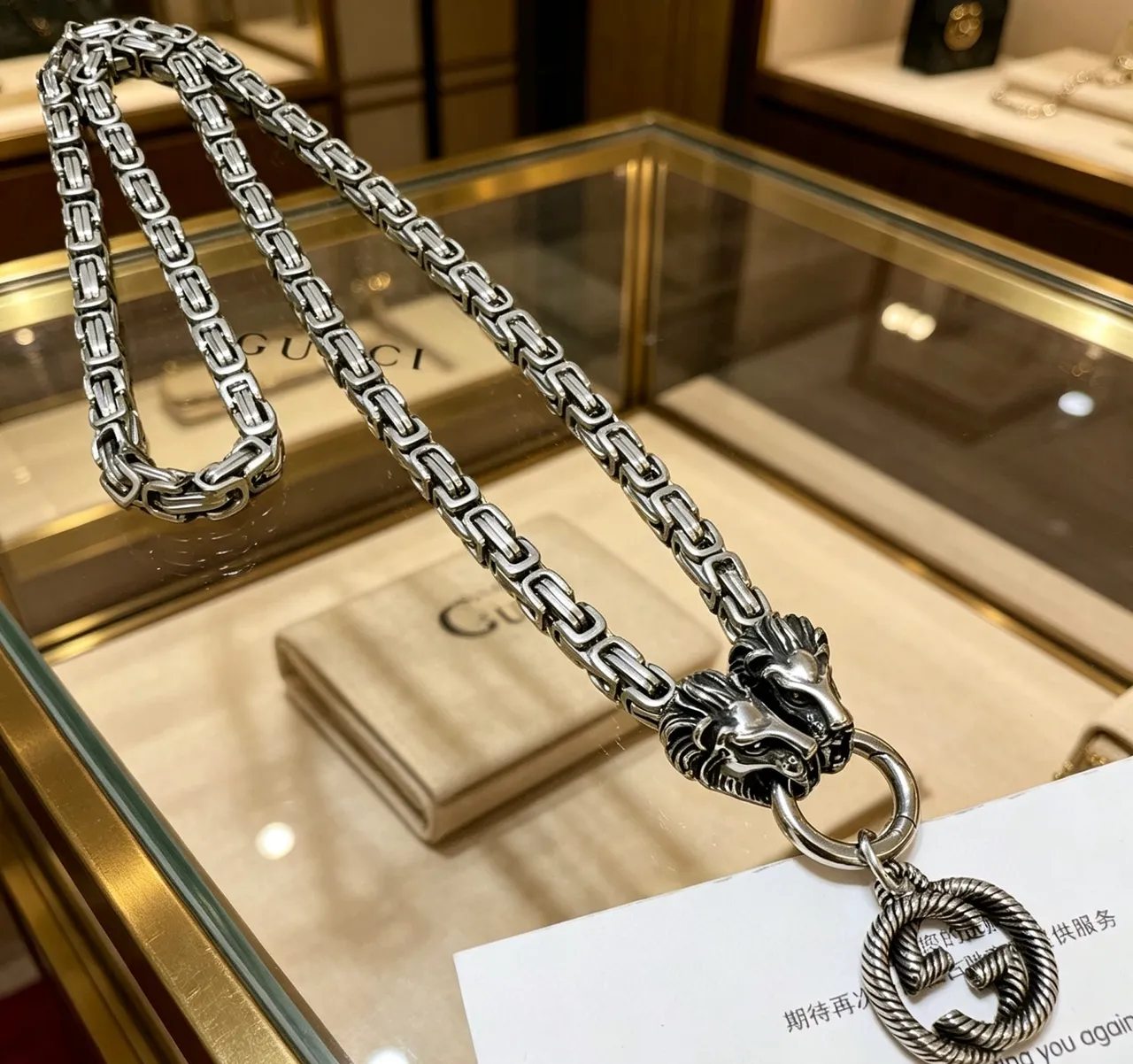 Gucci Silver Black Metal Lion-Head Terminals Necklace 7