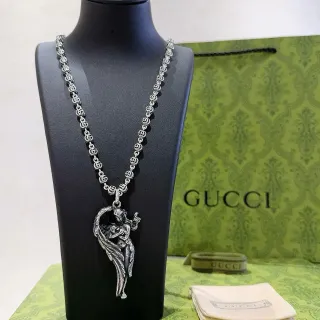 Gucci Silver Black Sculptural Angel Pendant Interlocking G-Link Chain Necklace