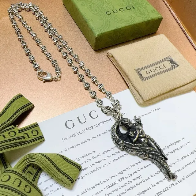 Gucci Silver Black Sculptural Angel Pendant Interlocking G-Link Chain Necklace 9