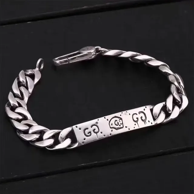 Gucci Silver Curb Chain Engraved Plate Bracelet 2
