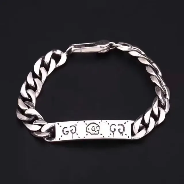 Gucci Silver Curb Chain Engraved Plate Bracelet 8