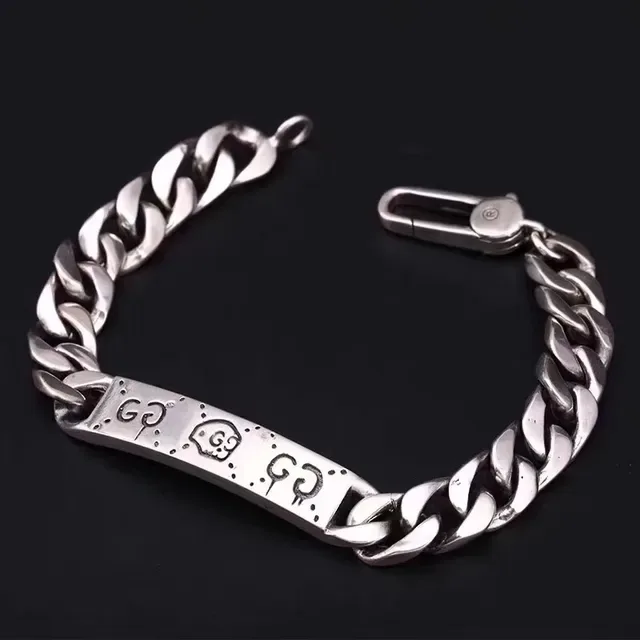 Gucci Silver Curb Chain Engraved Plate Bracelet 9