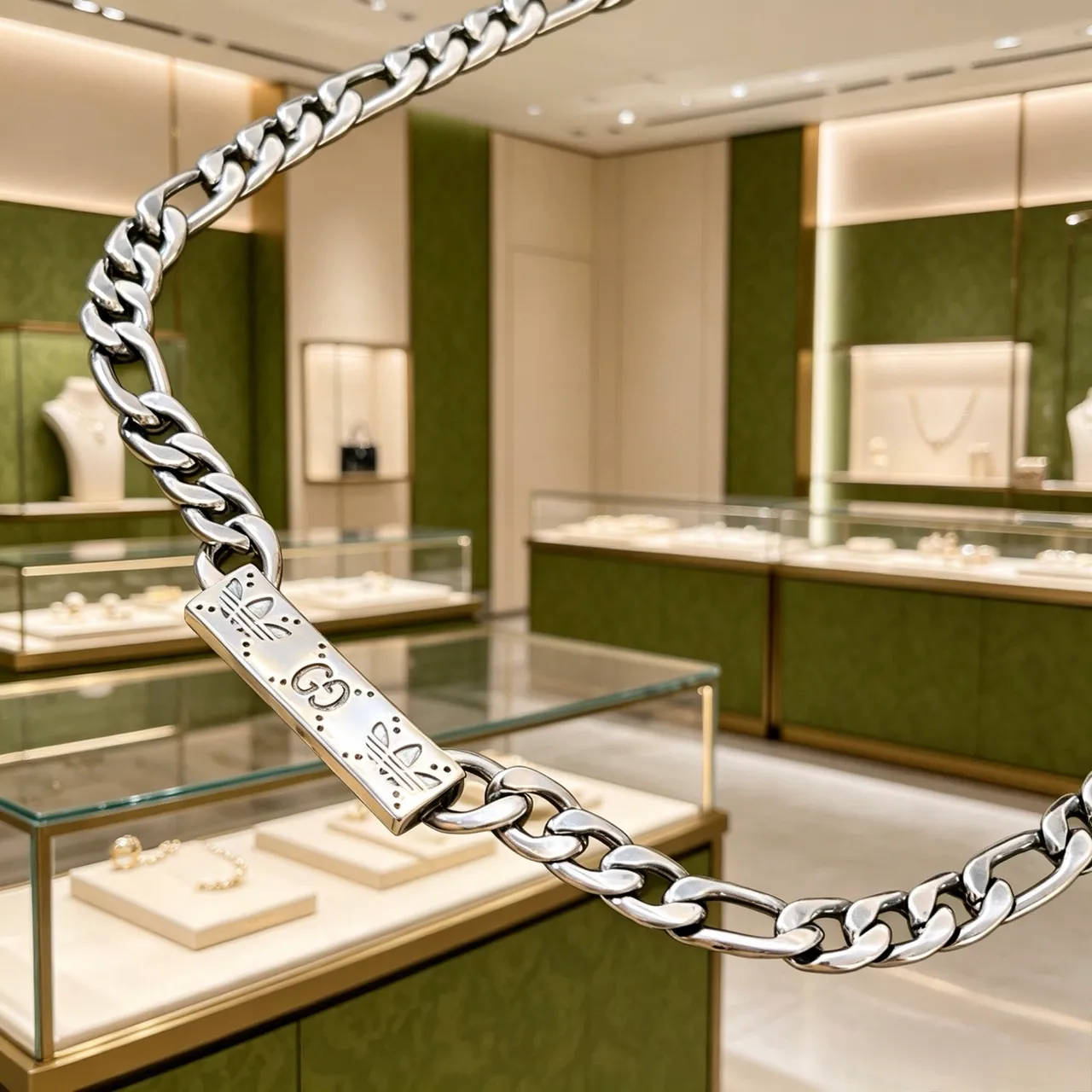 Gucci Colgante de Cadena Figaro-Link de Plata con Placa Rectangular 2
