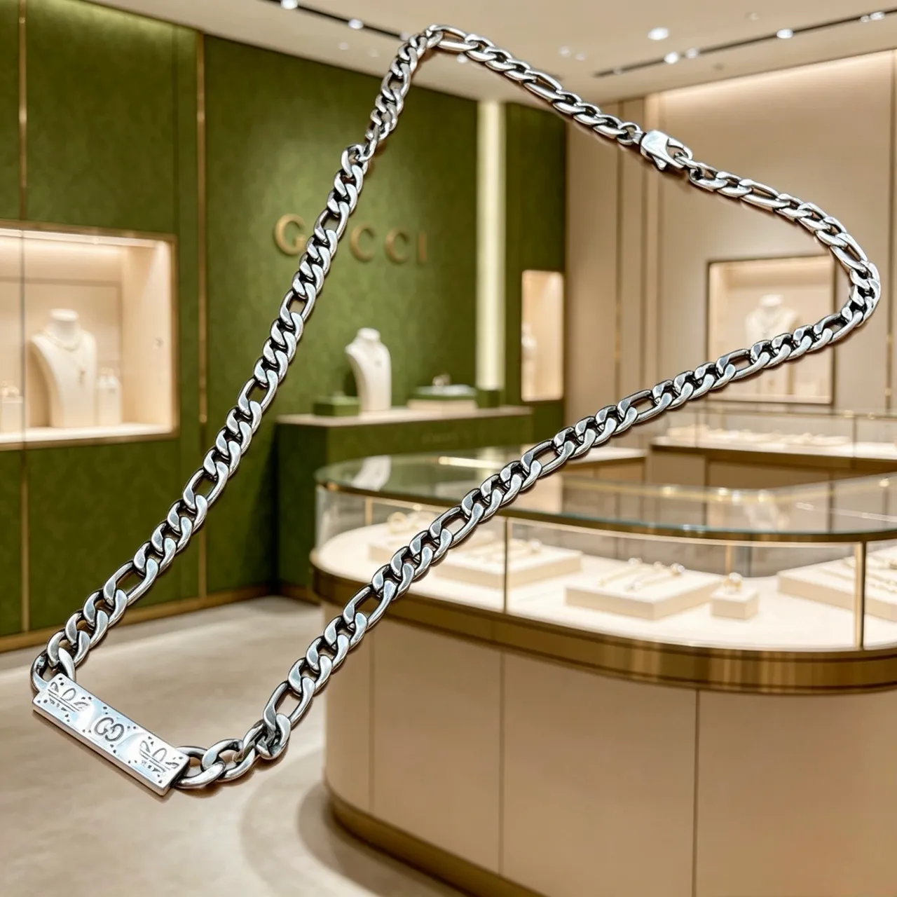 Gucci Colgante de Cadena Figaro-Link de Plata con Placa Rectangular 4