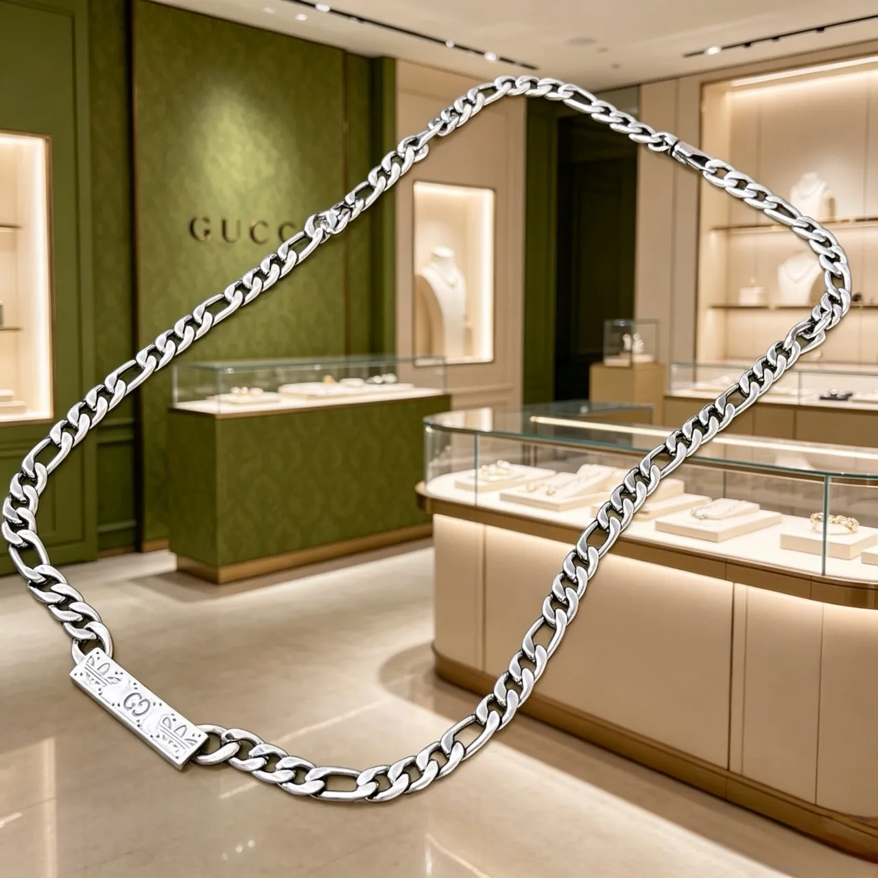 Gucci Colgante de Cadena Figaro-Link de Plata con Placa Rectangular 8