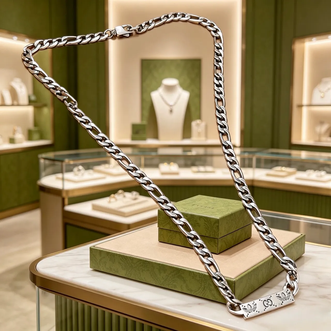 Gucci Colgante de Cadena Figaro-Link de Plata con Placa Rectangular 9