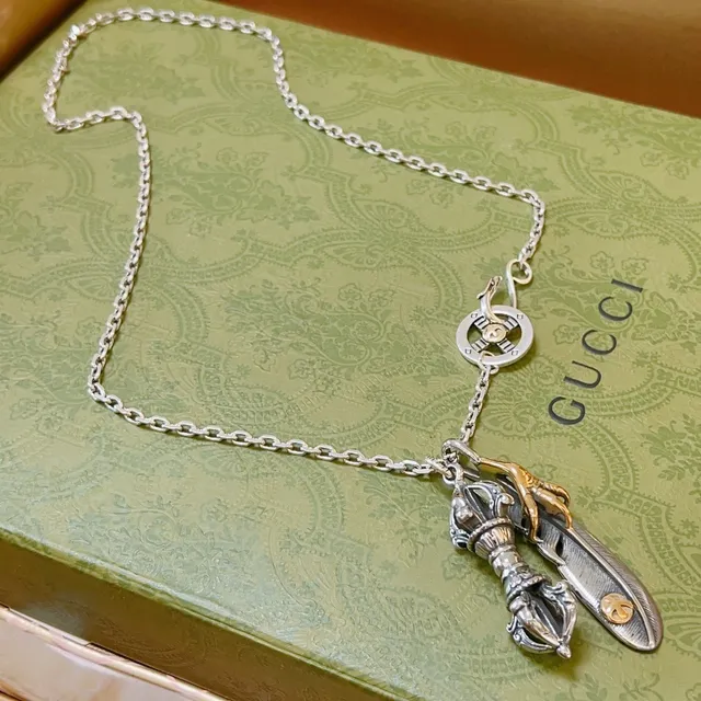 Gucci Silver Gold Chain Link Multi-Component Pendant Necklace 3