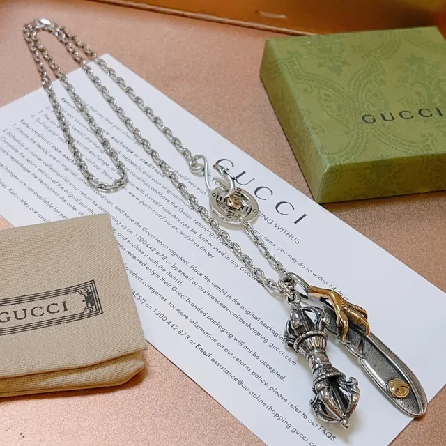 Gucci Silver Gold Chain Link Multi-Component Pendant Necklace 4