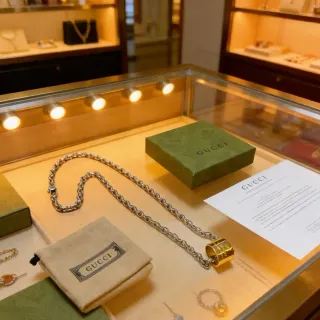 Gucci Silver Gold Thick Curb-Link Chain Cylindrical Lock Pendant Necklace