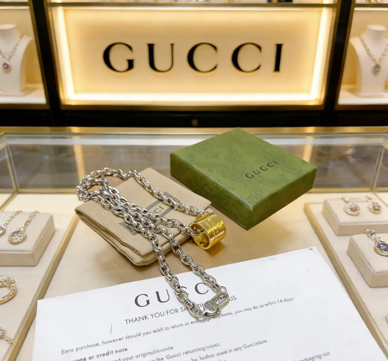 Gucci Silver Gold Thick Curb-Link Chain Cylindrical Lock Pendant Necklace 2