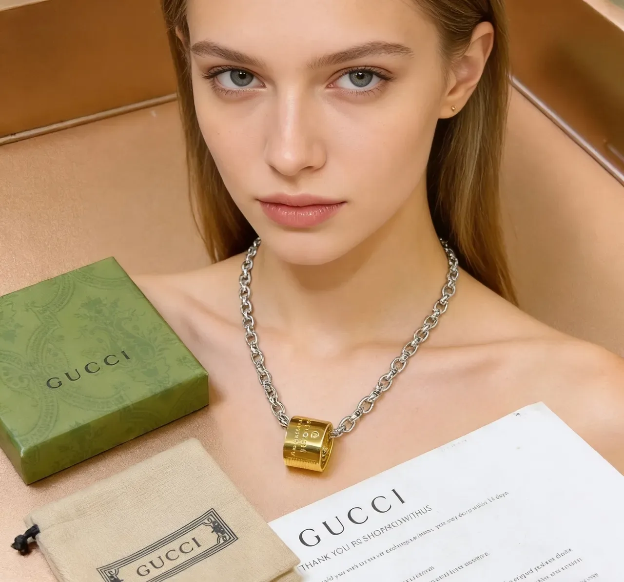 Gucci Silver Gold Thick Curb-Link Chain Cylindrical Lock Pendant Necklace 5