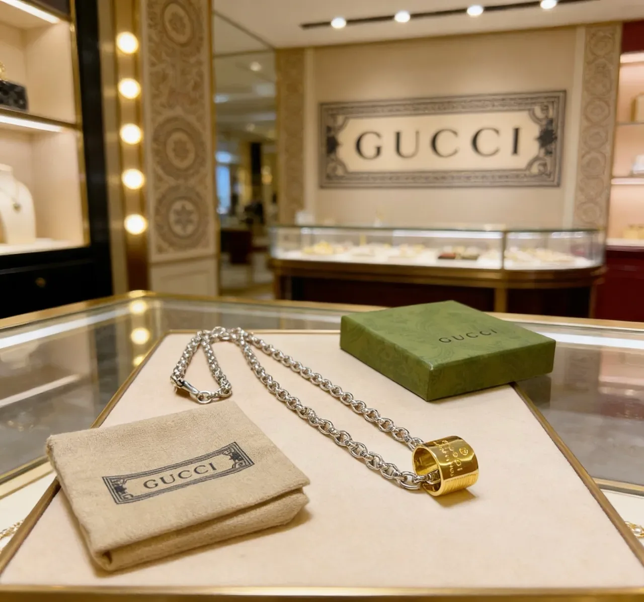 Gucci Silver Gold Thick Curb-Link Chain Cylindrical Lock Pendant Necklace 9