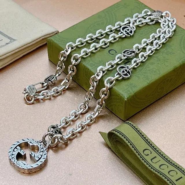 Gucci Silver Green Chunky Curb Chain Necklace 2