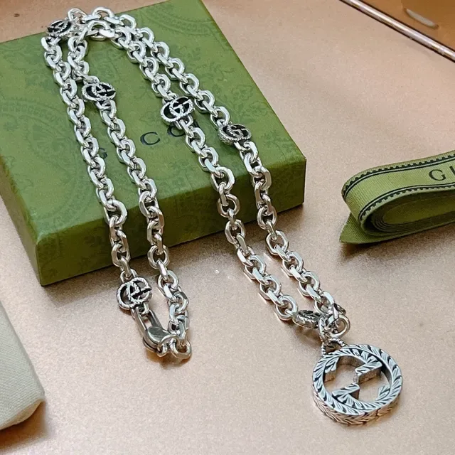 Gucci Silver Green Chunky Curb Chain Necklace 3