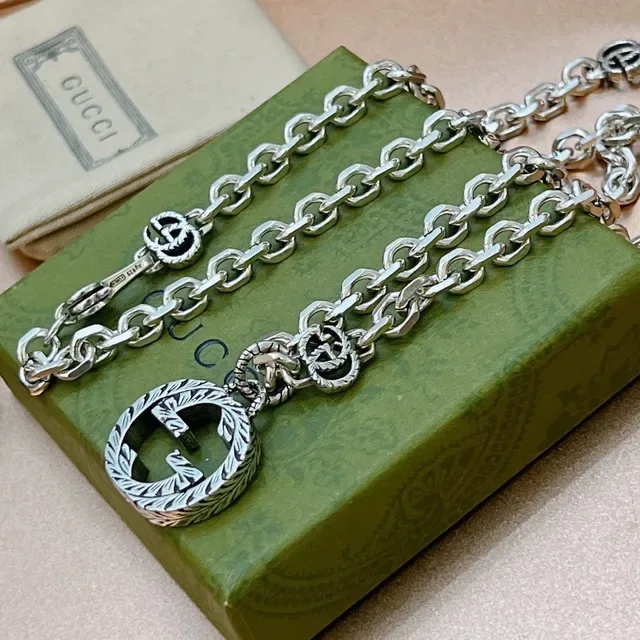 Gucci Silver Green Chunky Curb Chain Necklace 9