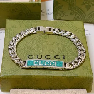 Gucci Cadena Chunky Curb-Link Plata Verde Turquesa Placa Esmaltada Pulsera