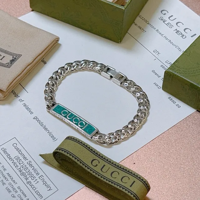 Gucci Silver Green Chunky Curb-Link Chain Turquoise Enamel Plaque Bracelet 2