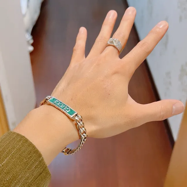 Gucci Silver Green Chunky Curb-Link Chain Turquoise Enamel Plaque Bracelet 3