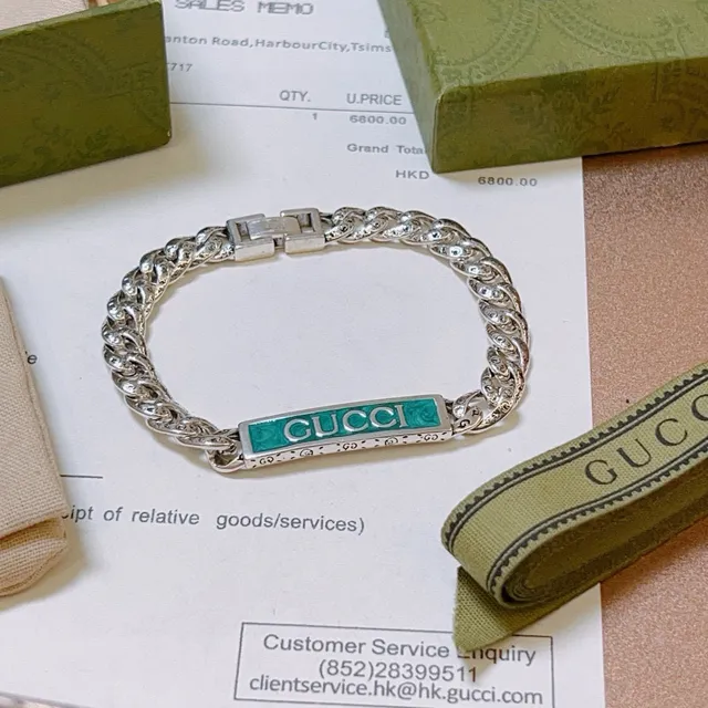Gucci Silver Green Chunky Curb-Link Chain Turquoise Enamel Plaque Bracelet 4