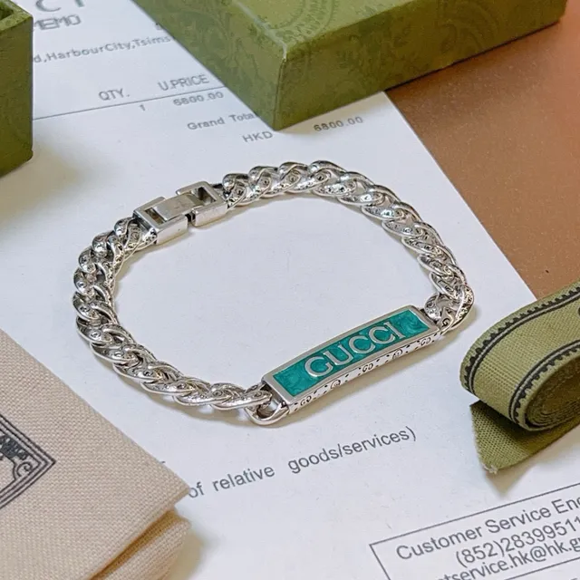 Gucci Silver Green Chunky Curb-Link Chain Turquoise Enamel Plaque Bracelet 5