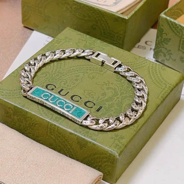 Gucci Silver Green Chunky Curb-Link Chain Turquoise Enamel Plaque Bracelet 6