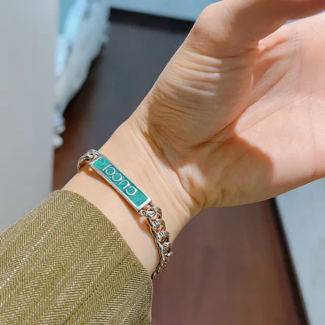 Gucci Silver Green Chunky Curb-Link Chain Turquoise Enamel Plaque Bracelet 7
