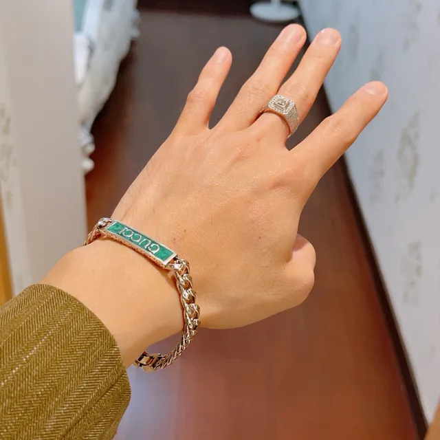 Gucci Silver Green Chunky Curb-Link Chain Turquoise Enamel Plaque Bracelet 8