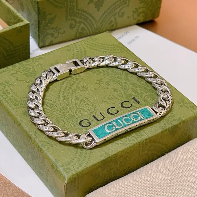 Gucci Silver Green Chunky Curb-Link Chain Turquoise Enamel Plaque Bracelet 9