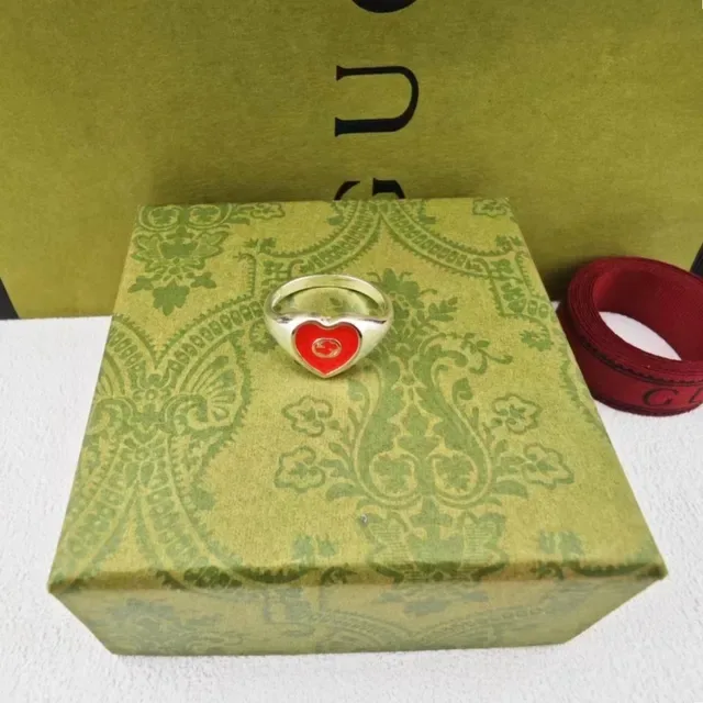 Gucci Silver Red Chain-Link Enamel Heart Charms Necklace 3