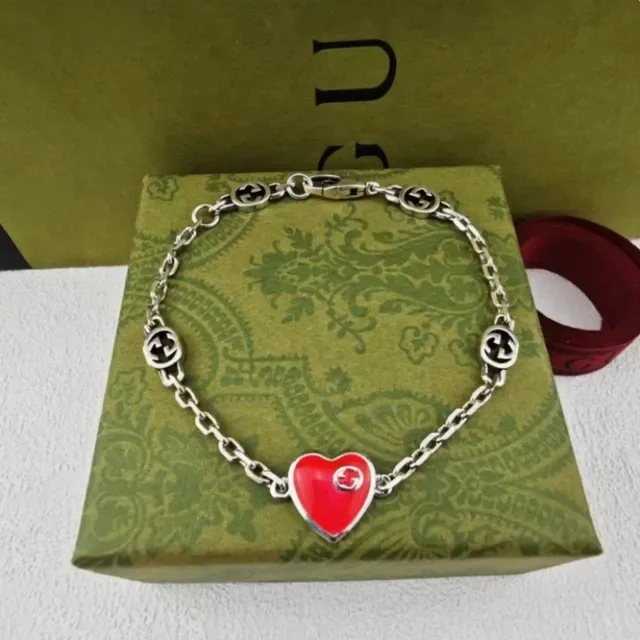 Gucci Silver Red Chain-Link Enamel Heart Charms Necklace 4