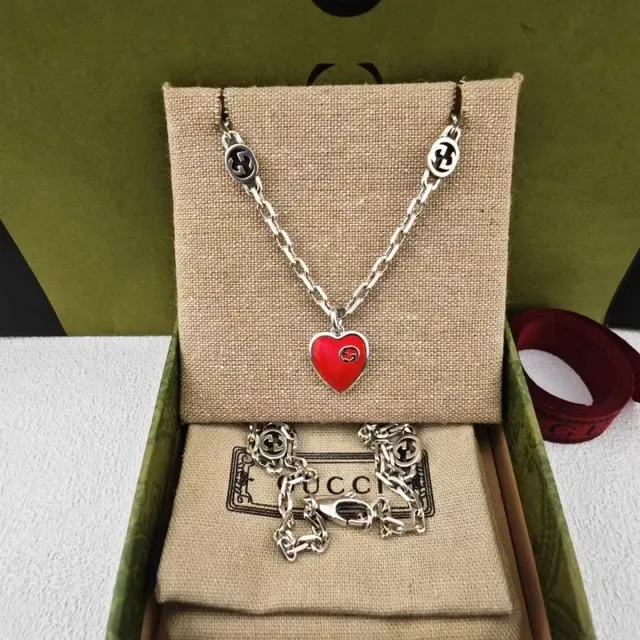 Gucci Silver Red Chain-Link Enamel Heart Charms Necklace 5