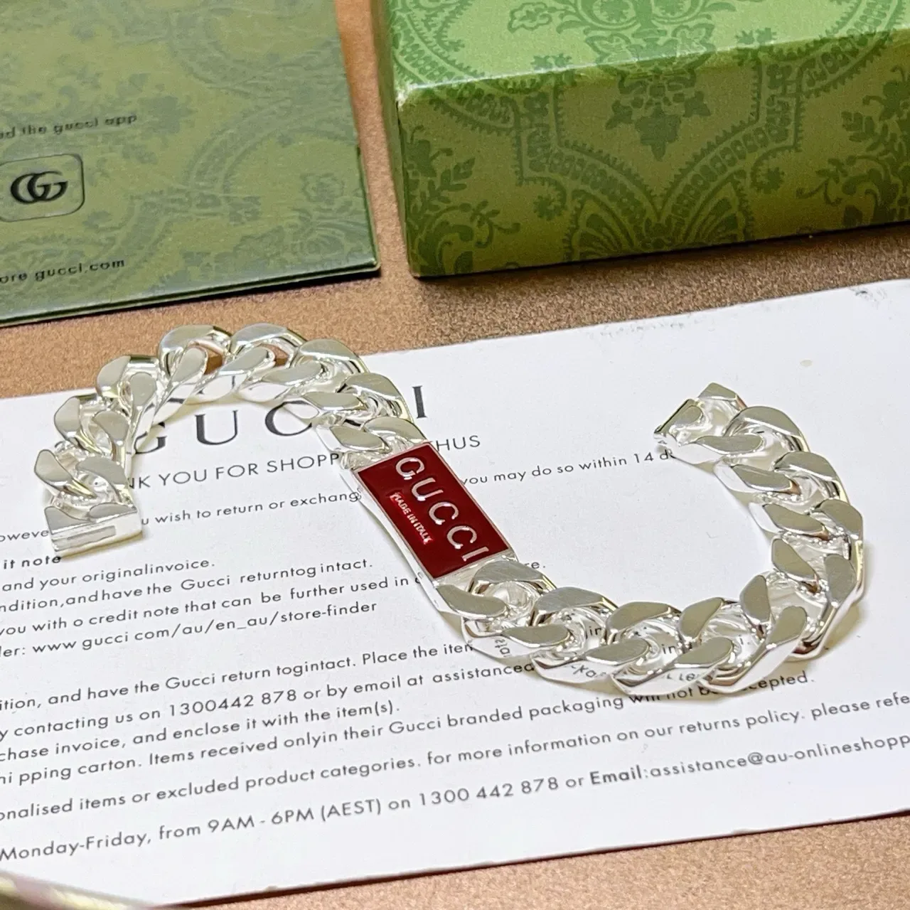 Gucci Silver Red Curb-Link Chain Polished Bracelet 2