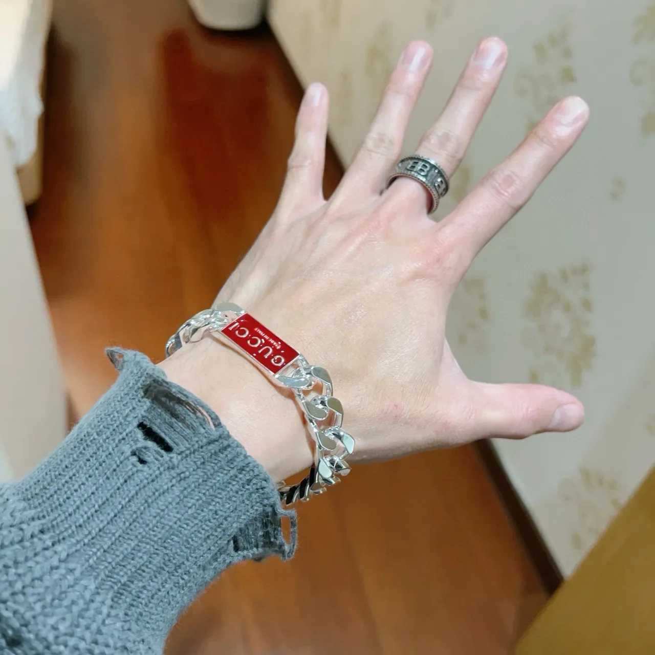 Gucci Silver Red Curb-Link Chain Polished Bracelet 4